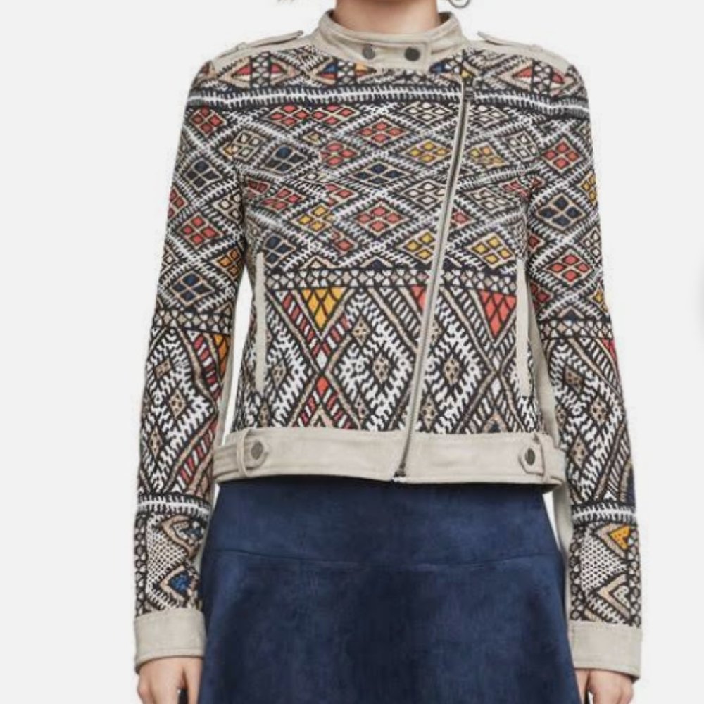 BCBGMAXAZRIA Womens Aztec Tribal Print Zip Ziggy Woven Moto Jacket Size XS NWOT